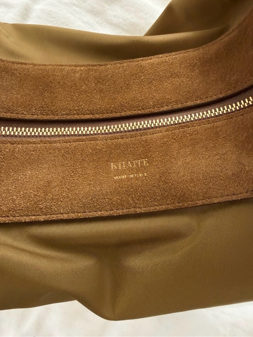 KHAITE Olivia Suede-Trimmed Crescent Shoulder Bag in Brown - Picture 3 of 6